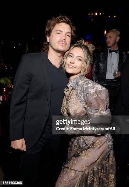 Emile Hirsch and Paris Jackson attend the amfAR Gala Los Angeles 2021 honoring TikTok and Jeremy Scott at Pacific Design Center on November 04, 2021...