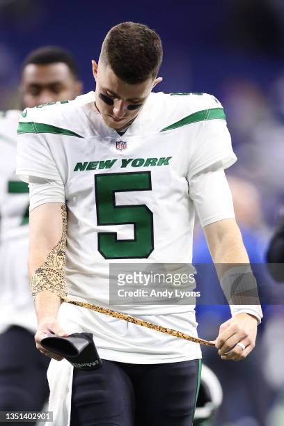 Mike White of the New York Jets looks on during the second half at Lucas Oil Stadium against the Indianapolis Colts on November 04, 2021 in...