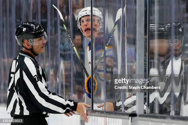 Jeff Skinner of the Buffalo Sabres reacts after an unsportsmanlike conduct penalty against the Seattle Kraken during the second period at Climate...