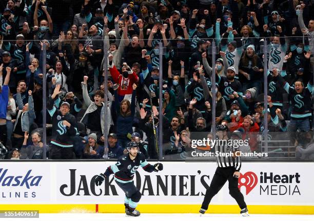 Jordan Eberle of the Seattle Kraken celebrates his second goal of the game during the third period against the Buffalo Sabres at Climate Pledge Arena...