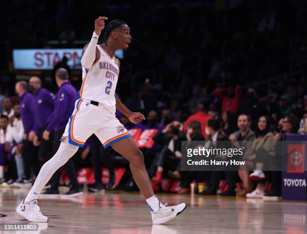 Shai Gilgeous-Alexander of the Oklahoma City Thunder reacts to his three pointer during a 107-104 Oklahoma City Thunder win at Staples Center on...