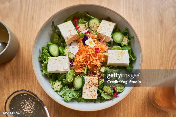organic tofu salad plate at the vegan cafe. - tofu stock pictures, royalty-free photos & images