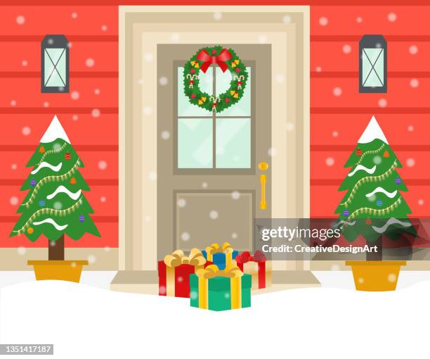 front door of the house decorated for christmas.merry christmas and happy new year concept. - new year cartoon stock illustrations