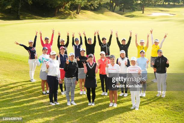 Golfers passed the professional test pose for photographs following the final round of the 2021 JLPGA Final Pro Test at Joyo Country Club on November...