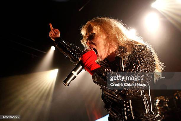 Angela Gossow of Arch Enemy performs at Shepherds Bush Empire on December 6, 2011 in London, England.