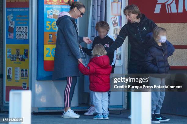Luka Modric and his wife Vanja Bosnic attend a photo booth with their three children Ivano, Ema and Sofia on 23 October 2021 in Madrid, Spain.