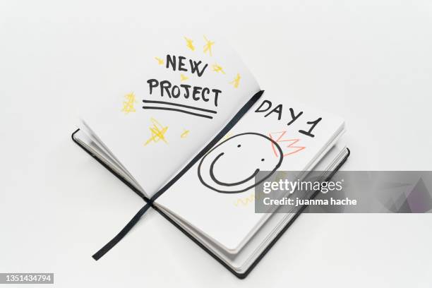 new personal agenda on white table with pages ready for new projects - agenda meeting stock pictures, royalty-free photos & images