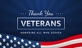 Thank you Veterans - Honoring all who served vector illustration. USA flag waving on blue background. Veterans day card