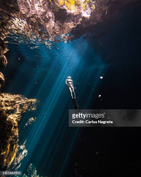 surfacing in a warm cenote - beautiful underwater scene stockfoto's en -beelden