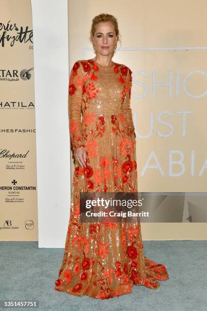 Gillian Anderson attends the Fashion Trust Arabia Prize Gala on November 3, 2021 at the National Museum of Qatar in Doha. The FTA Prizes were awarded...