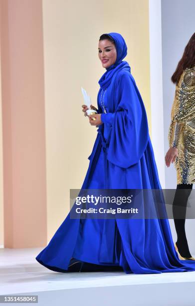 Her Highness Sheikha Moza bint Nasser appears the Fashion Trust Arabia Prize Gala on November 3, 2021 at the National Museum of Qatar in Doha. The...