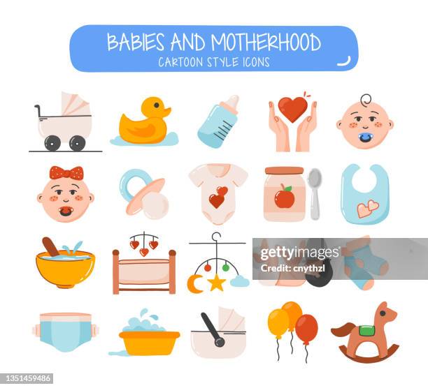 babies and motherhood related objects and elements. hand drawn cartoon style vector illustration collection. hand drawn icons set. - baby blanket stock illustrations
