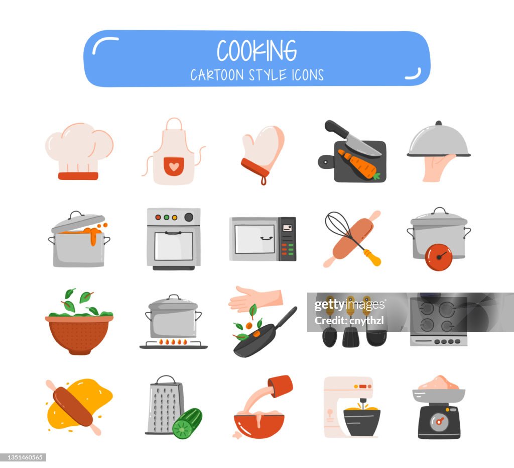 Cooking Related Objects and Elements. Hand Drawn Cartoon Style Vector Illustration Collection. Hand Drawn Icons Set.