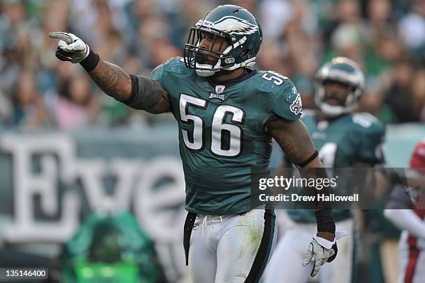 Akeem Jordan of the Philadelphia Eagles points during the game against the Arizona Cardinals at Lincoln Financial Field on November 13, 2011 in...