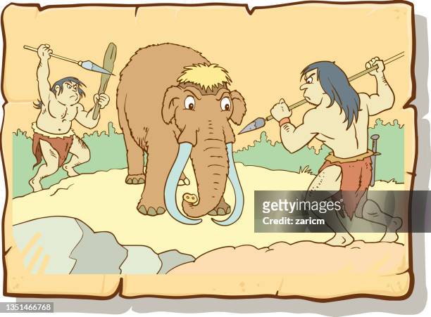 mammoth hunting background with people mammoth and weapons flat vector ilustration - ancient man stock illustrations