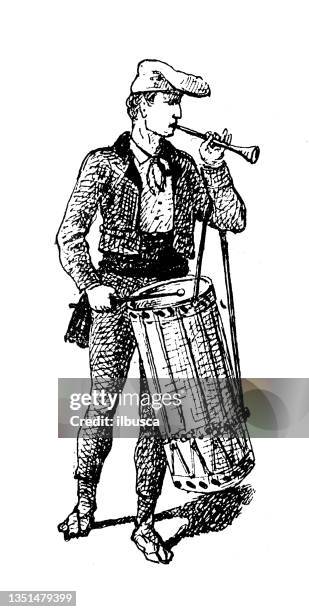 antique illustration: galoubet (three hole pipe, tabor pipe) player - street musician stock illustrations