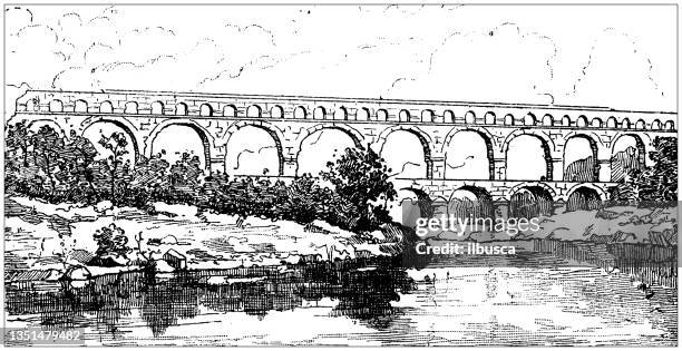 illustrations, cliparts, dessins animés et icônes de antique illustration: pont du gard, roman aqueduct - le pont du gard