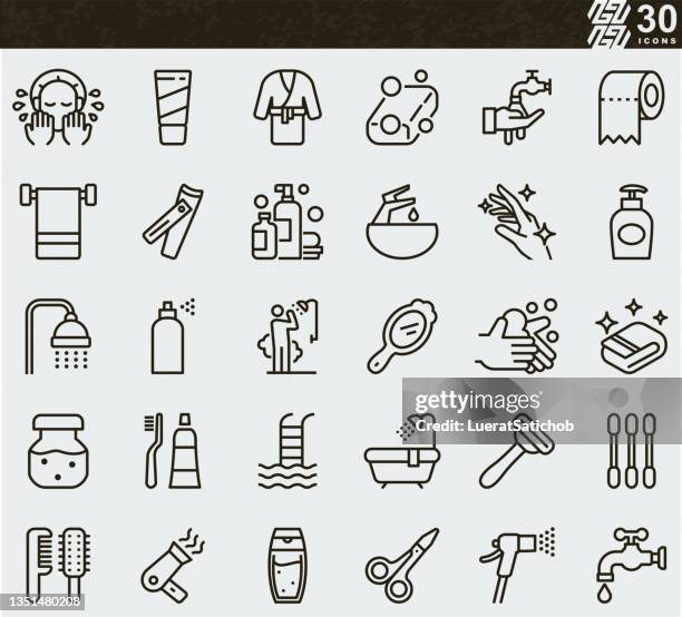 ilustrações de stock, clip art, desenhos animados e ícones de personal care , washing hands and hygiene line icons - taking a bath