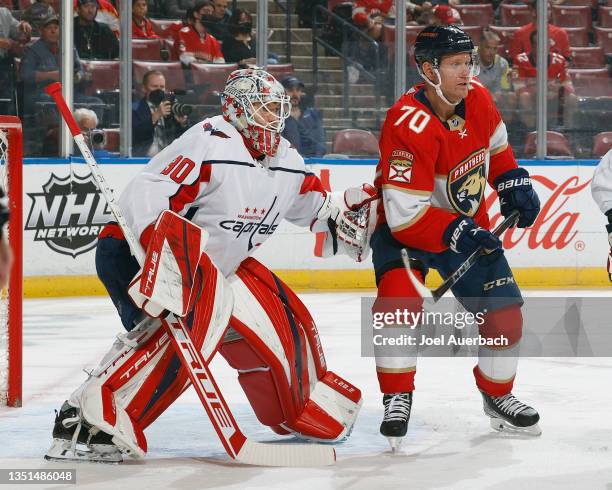 Patric Hornqvist of the Florida Panthers gets into position in front of Goaltender Ilya Samsonov of the Washington Capitals at the FLA Live Arena on...
