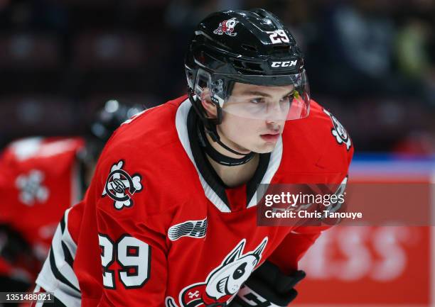 Alec Leonard of the Niagara IceDogs skates against the Oshawa Generals at Tribute Communities Centre on October 22, 2021 in Oshawa, Ontario.