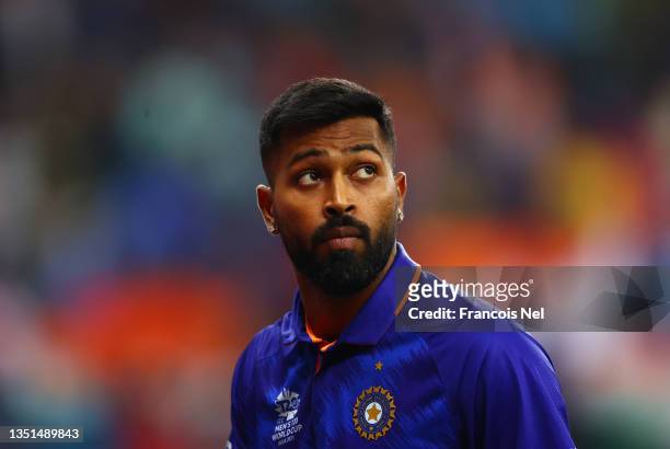 Hardik Pandya of India looks on during the ICC Men's T20 World Cup match between India and Scotland at Dubai International Cricket Ground on November...