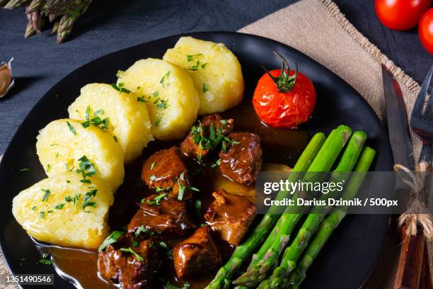 directly above shot of food in plate on table - beef stew stock pictures, royalty-free photos & images