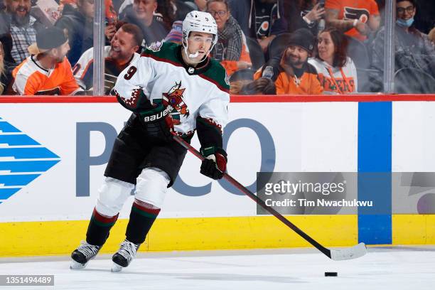 Clayton Keller of the Arizona Coyotes skates with the puck against the Philadelphia Flyers at Wells Fargo Center on November 02, 2021 in...