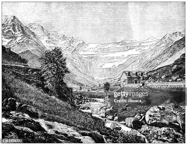 antique illustration: cirque de gavarnie, pyrenees - cirque de gavarnie stock illustrations