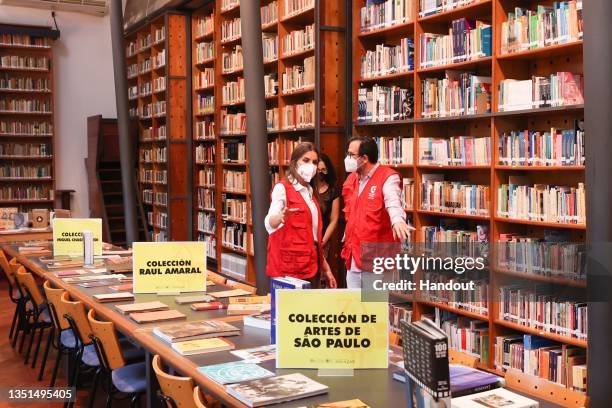 In this Handout image provided by the Spanish Royal Household, Queen Letizia of Spain visits the 'Juan de Salazar' cultural center on November 4,...