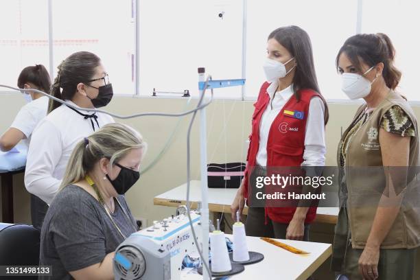 In this Handout image provided by the Spanish Royal Household, Queen Letizia of Spain visits the 'Del Emprendedor' Training Center on November 4,...