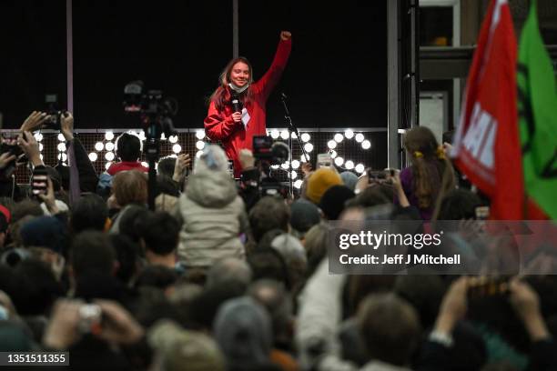 Climate activist, Greta Thunberg speaks on stage at George Square after joining demonstrators during the Fridays For Future COP26 Scotland March on...