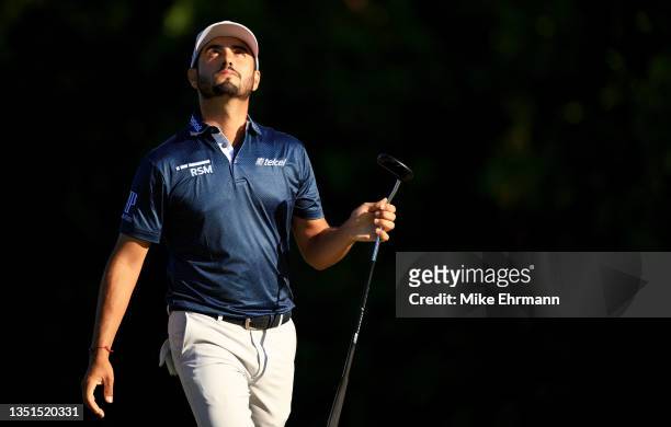 Abraham Ancer of Mexico reacts on the 13th green during the second round of the World Wide Technology Championship at Mayakoba on El Camaleon golf...