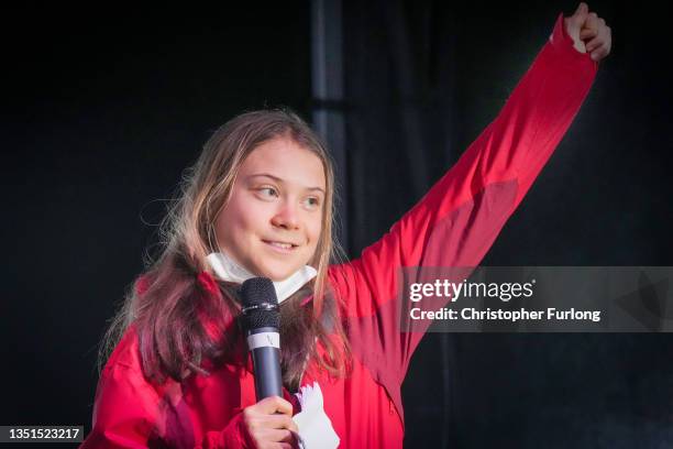 Climate activist Greta Thunberg speaks at a the "Fridays For Future" climate rally during COP26 on November 5, 2021 in Glasgow, Scotland. Day Six of...