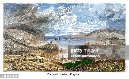 Old engraved illustration of Plymouth Harbour, England Old engraved illustration of Plymouth Harbour, England