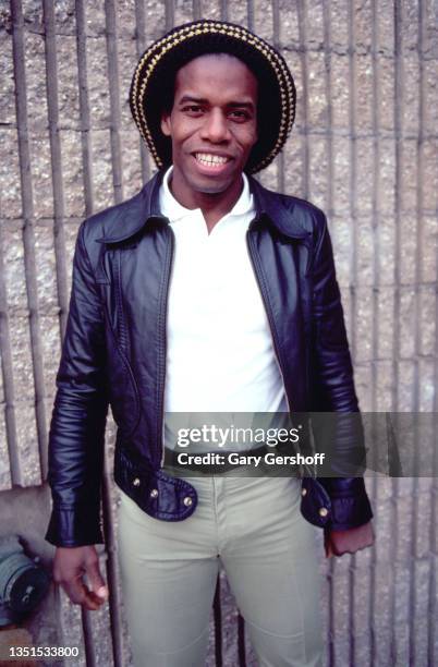 Portrait of Guyanese-British Pop and Reggae musician Eddy Grant as he poses outside MTV Studios, New York, New York, March 22, 1983.