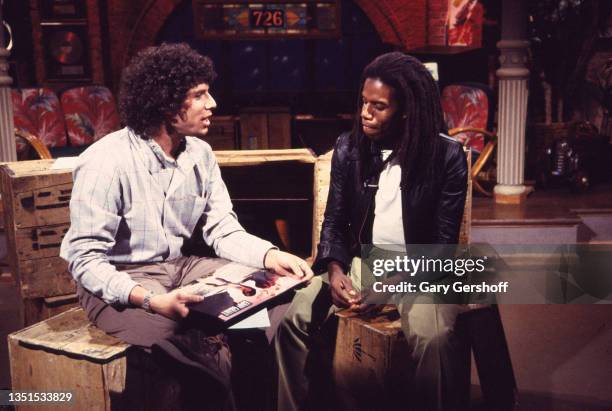 View of American VJ Mark Goodman and Guyanese-British Pop and Reggae musician Eddy Grant during an interview at MTV Studios, New York, New York,...