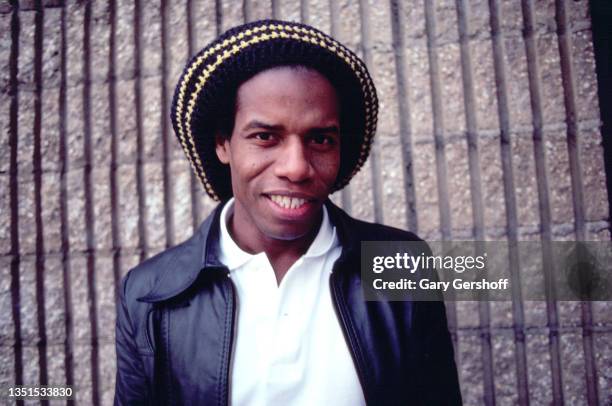 Portrait of Guyanese-British Pop and Reggae musician Eddy Grant as he poses outside MTV Studios, New York, New York, March 22, 1983.