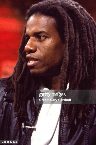 View of Guyanese-British Pop and Reggae musician Eddy Grant during an interview at MTV Studios, New York, New York, March 22, 1983.