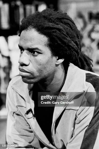View of Guyanese-British Pop and Reggae musician Eddy Grant during an interview at MTV Studios, New York, New York, May 30, 1984.