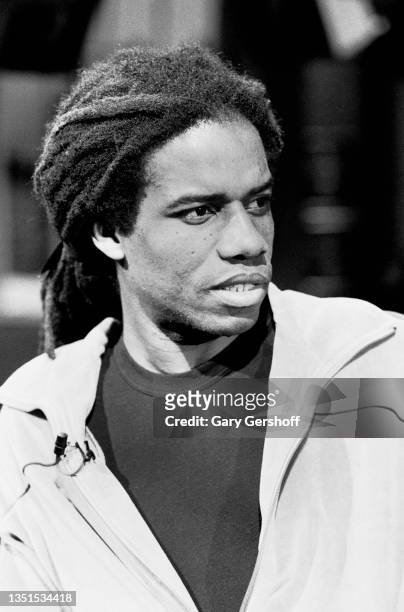 View of Guyanese-British Pop and Reggae musician Eddy Grant during an interview at MTV Studios, New York, New York, May 30, 1984.