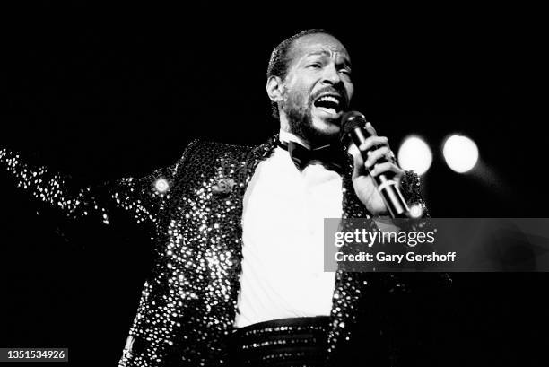 American R&B, Funk, and Soul musician Marvin Gaye performs onstage during the 'Sexual Healing' tour at Radio City Music Hall, New York, New York, May...