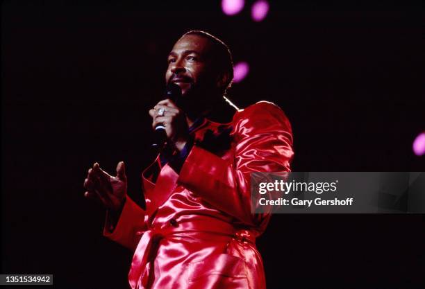 American R&B, Funk, and Soul musician Marvin Gaye performs onstage during the 'Sexual Healing' tour at Radio City Music Hall, New York, New York, May...