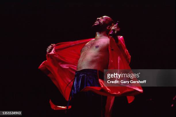 American R&B, Funk, and Soul musician Marvin Gaye performs onstage during the 'Sexual Healing' tour at Radio City Music Hall, New York, New York, May...