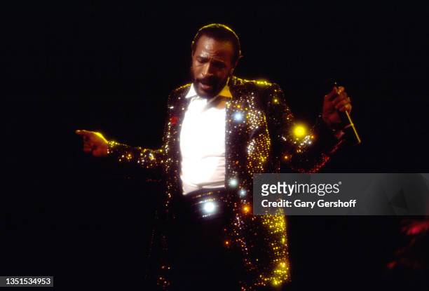American R&B, Funk, and Soul musician Marvin Gaye performs onstage during the 'Sexual Healing' tour at Radio City Music Hall, New York, New York, May...