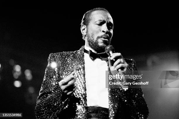 American R&B, Funk, and Soul musician Marvin Gaye performs onstage during the 'Sexual Healing' tour at Radio City Music Hall, New York, New York, May...