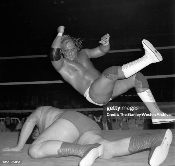 International Wrestling Title event featuring Hulk Hogan and Andre the Giant. Pictured here is Hulk Hogan in mid air about to deliver a “elbow smash”...