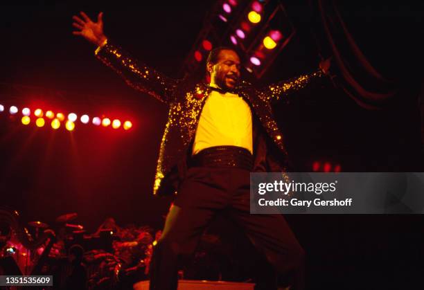 American R&B, Funk, and Soul musician Marvin Gaye performs onstage during the 'Sexual Healing' tour at Radio City Music Hall, New York, New York, May...