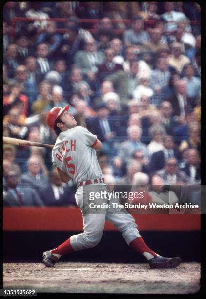 Johnny Bench of Cincinnati Red hits a homer during a game circa 1970.