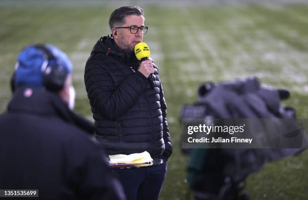 Presenter Mark 'Chappers' Chapman on the mic prior to the Emirates FA Cup First Round match between AFC Sudbury and Colchester United at The MEL...