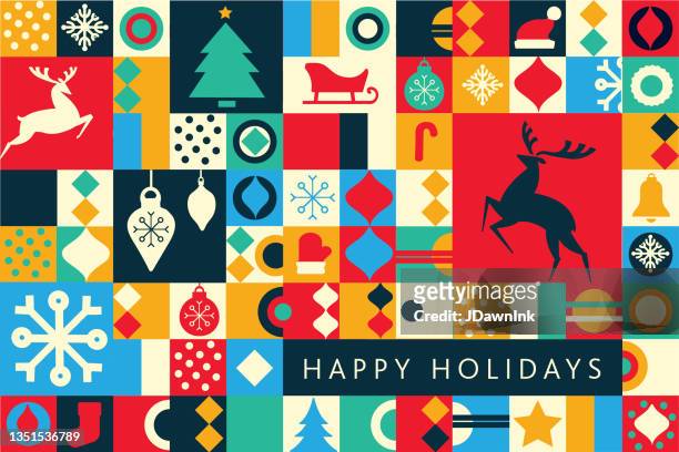 happy holidays grußkarte flache designvorlage mit springenden hirsch geometrischen formen und einfachen symbolen - grußkarte stock-grafiken, -clipart, -cartoons und -symbole